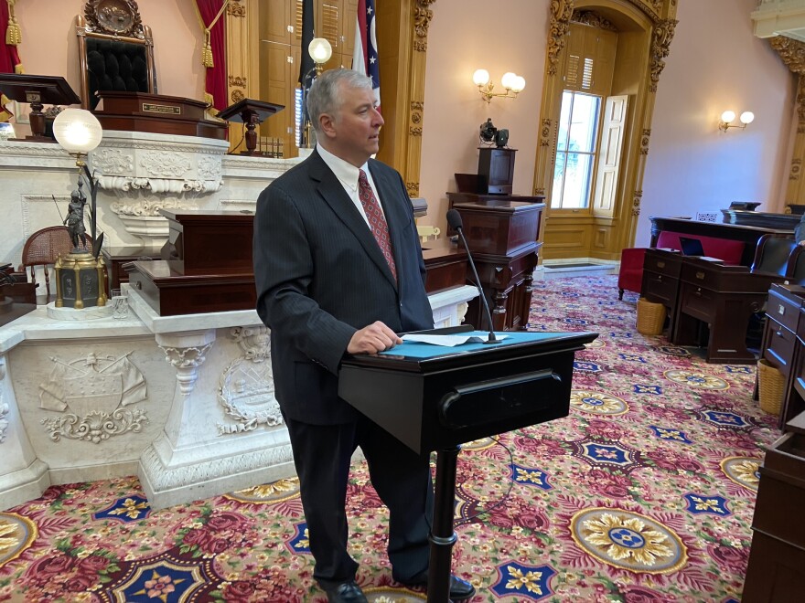 House Speaker Larry Householder (R-Glenford) speaks to reporters after session on Wednesday, March 25, 2020.