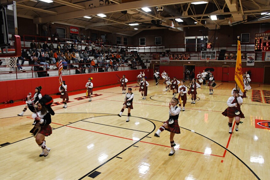 The Kilties drum and bugle corps is shown performing at Central High School in January 2026.