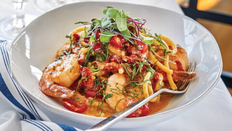 Chitarra with prawns, sun-dried tomatoes, fresh basil and arugula at Beech