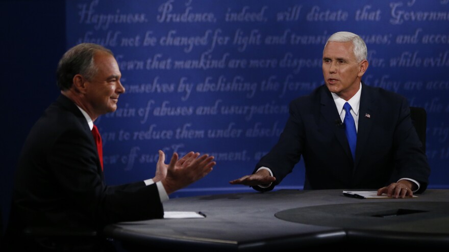 Republican vice presidential nominee Mike Pence and Democratic vice presidential nominee Tim Kaine debate at Longwood University in Farmville, Va., on Oct. 4.