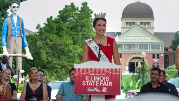 2026 Illinois State Fair Queen Krista Phillips, of Effingham, speaks at the State Fair ribbon cutting in August.