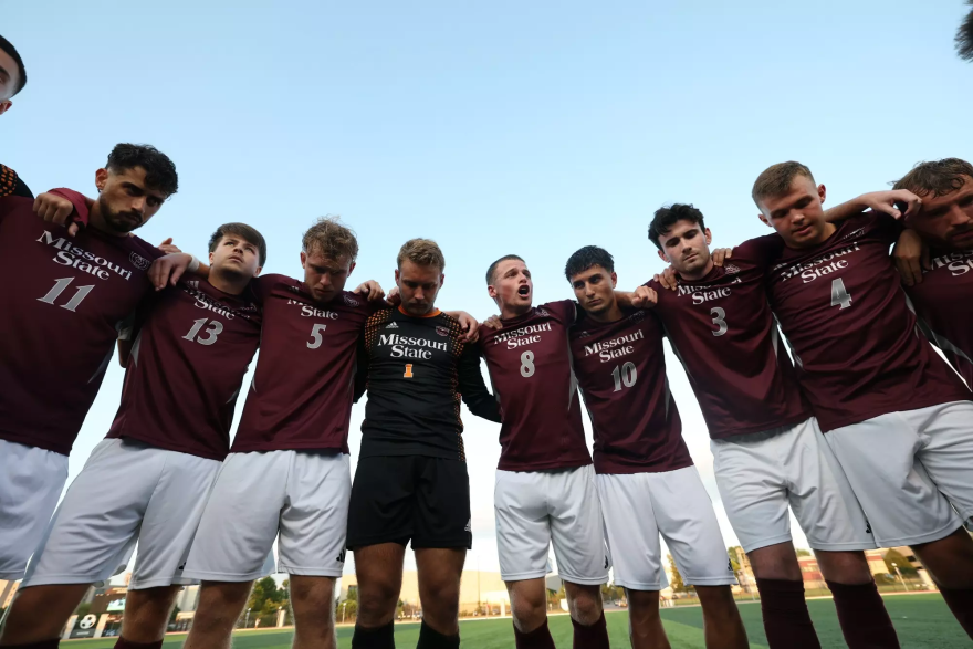 Men's Soccer huddles up during match against the Kansas City Roos last season, 2025