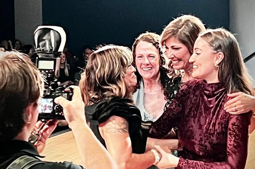 From left to right, Zanita Hendry, Marion County’s Teacher of the Year, is congratulated by Cindy Lowe, Hillcrest’s assistant principal, Lori Manresa, Principal of the Year, and Stephanie Stephens, Rookie Teacher of the Year, at the 36th Annual Golden Apple Gala on Saturday, Jan. 31, 2026. Hendry’s recognition completed the school’s “Triple Crown” honors, making history for Marion County Public Schools. (Courtesy of Carlos Manresa)