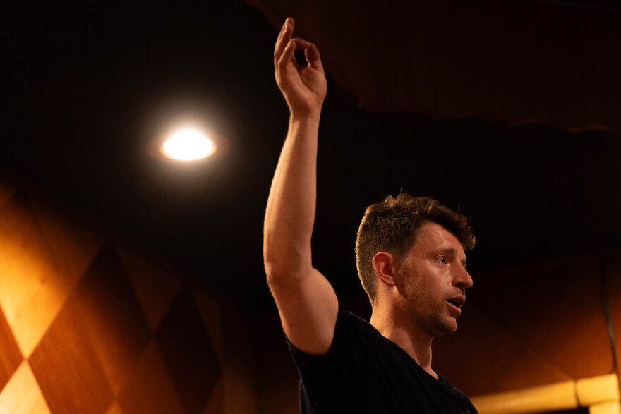 Democrat Sam Forstag gestures to voters at a town hall in Anaconda on July 30, 2026. Forstag highlighted Anaconda’s strong union history and his experience as a union leader.
