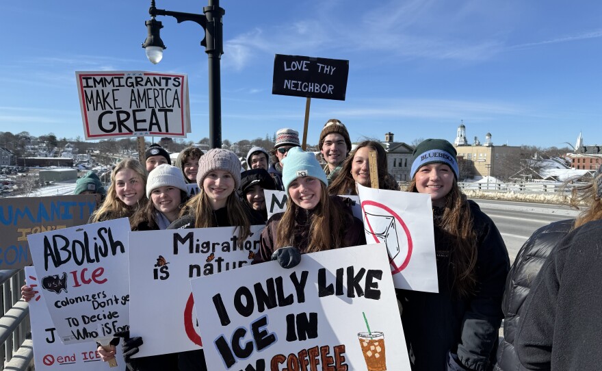 Students at five midcoast high schools walked out of classes on Monday, Feb. 2, 2026, and converged on the Sagadahoc Bridge in Bath with signs to protest federal immigration enforcement in the state.