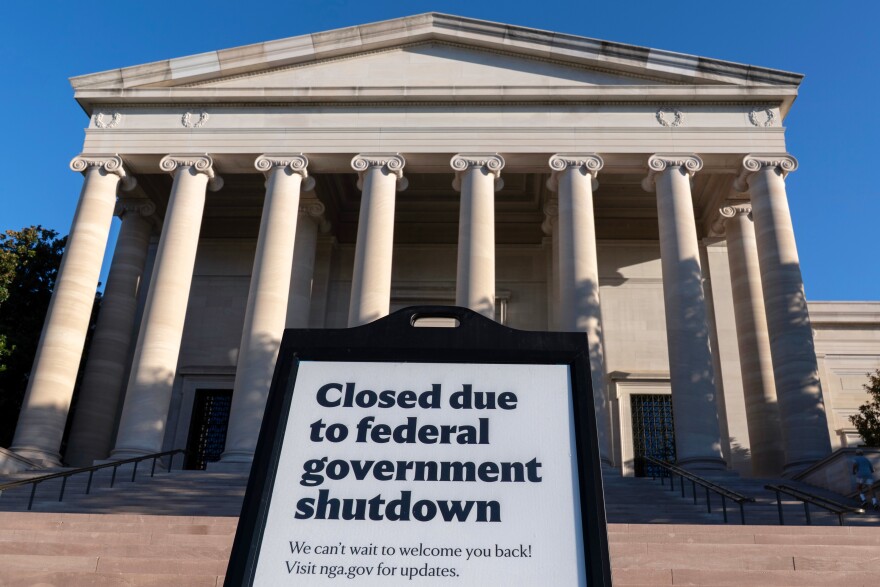 A sign that reads "Closed due to federal government shutdown," is seen outside of the National Gallery of Art in Washington, Oct. 6, 2025.