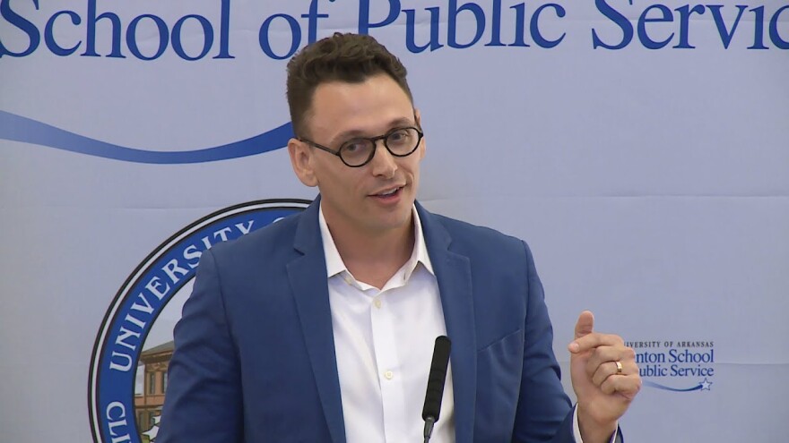 Co-author of the Indivisible Guide Billy Fleming speaking at the Clinton School of Public Service (file photo).