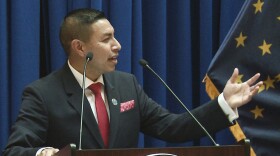 Indiana’s Secretary of State makes a speech after taking his oath of office at Indiana’s Statehouse Monday.