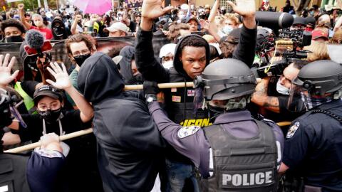Police and protesters converge during a demonstration, Wednesday, Sept. 23, 2020, in Louisville, Ky. (John Minchillo/AP)