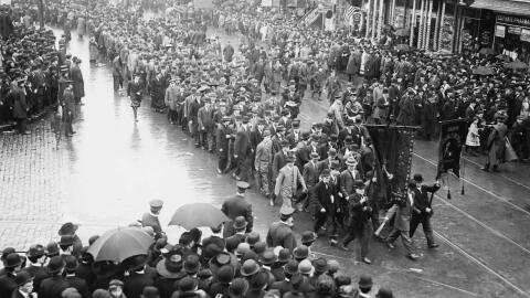 The first Labor Day parade, held in New York City on September 5, 1882. A group of approximately 200 members of Newark’s Jewelers Union helped get the procession underway after arriving with a band.