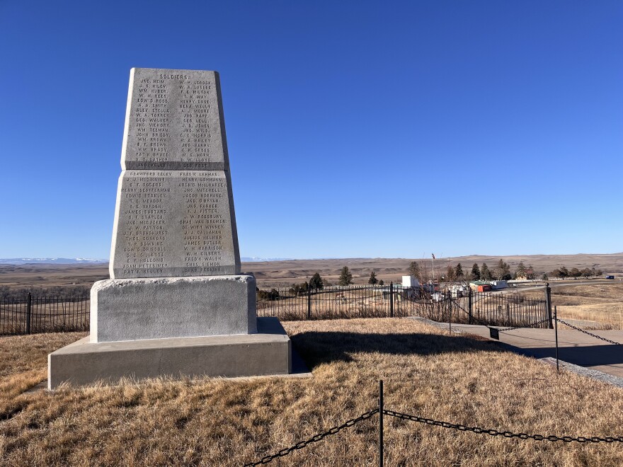 Little Bighorn Battlefield monument with the visitor center under construction in the distance