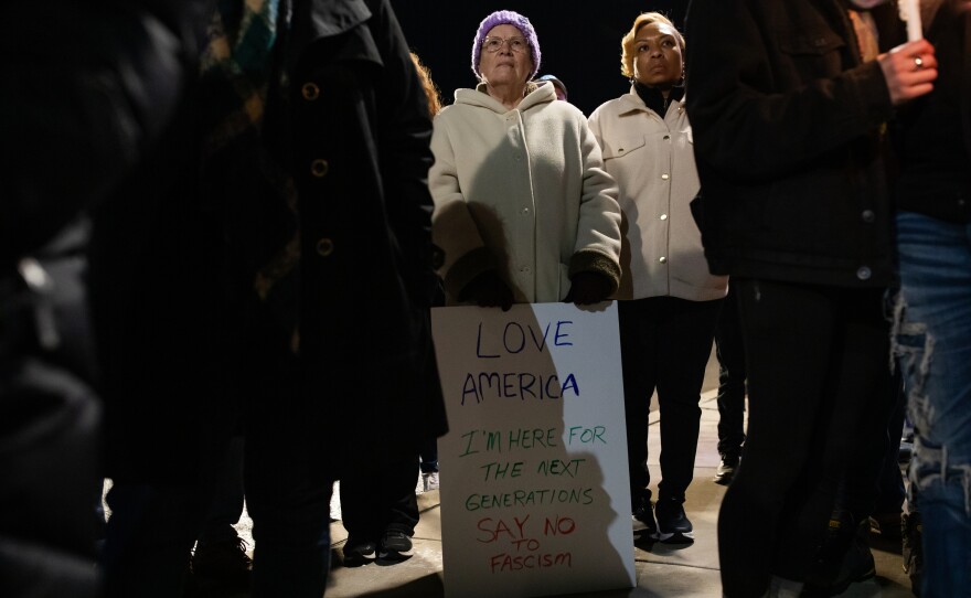 Nancie Kennedy attends a vigil for Renee Good and other victims of ICE violence outside the Alton Lennon Federal Building in downtown Wilmington on January 14, 2025. Community members listened as organizers with Siembra NC and elected officials spoke and honored the victims.