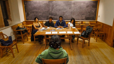 Talia Hsia, Slater Vance, Chin Onwu, and Fabeha Jahra (l-r) review the audition Demi Singleton for Six Degrees of Separation,” October 05, 2026 at the Heritage Production Company at Linsly-Chittenden Hall in New Haven Connecticut.