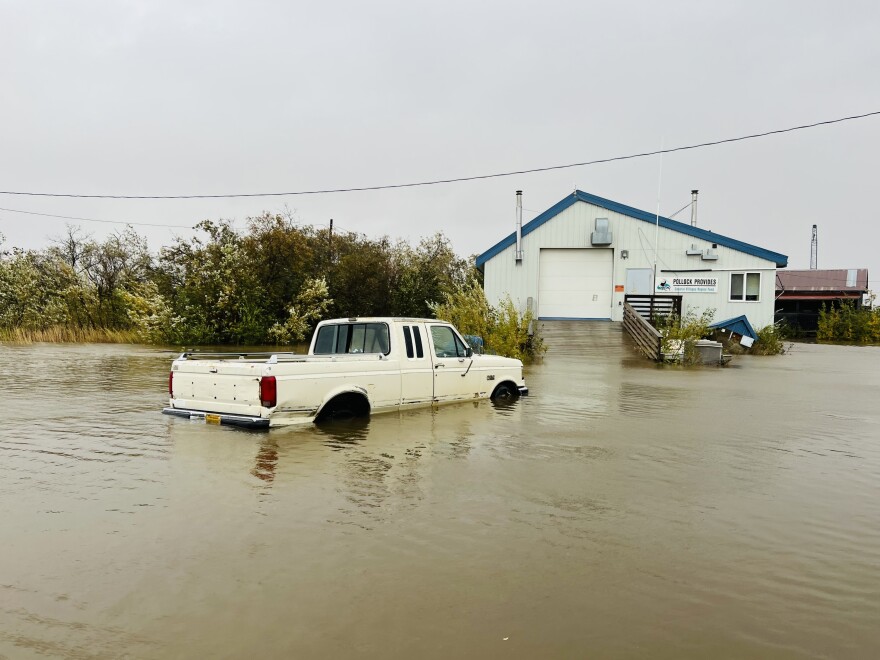 Surging water from Western Alaska’s massive storm flooded several structures and vehicles in Napakiak on Sept. 17, 2022.