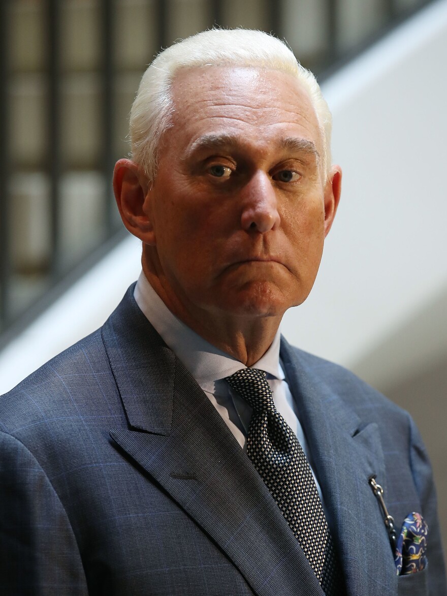 Roger Stone speaks to the media after appearing before the House intelligence committee during a closed-door hearing on Sept. 26, 2017.
