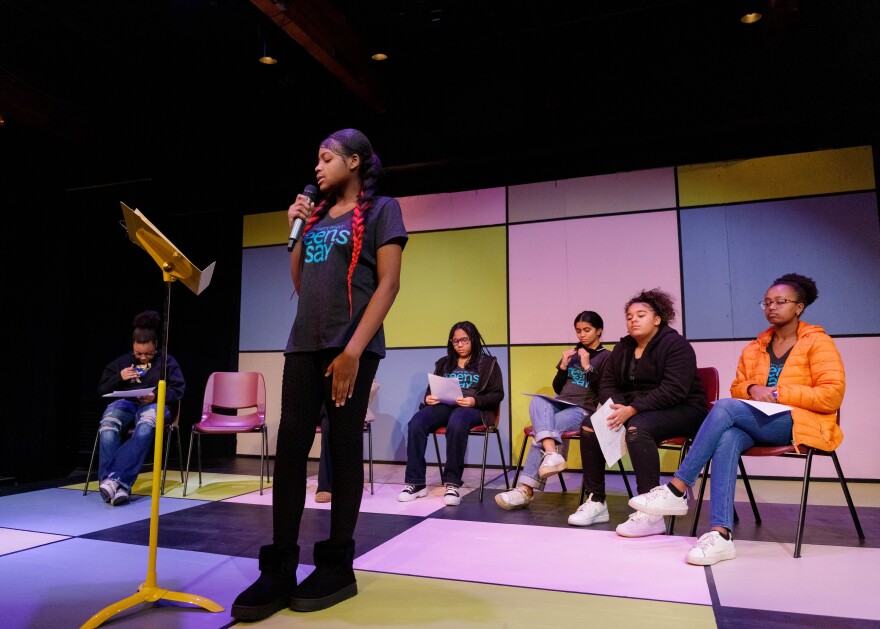 Thirteen-year-old Harmonee Taylor shares her story on stage at Heartland Theatre as part of That's What Teens Say final performance.