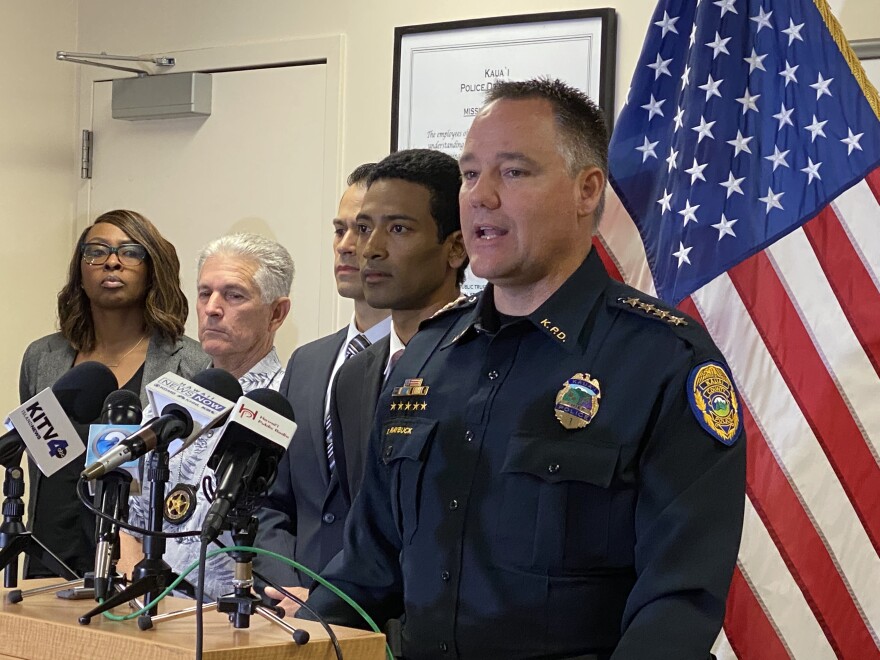 This Feb. 28, 2020, file photo shows Kauaʻi Police Chief Todd Raybuck speaking at a news conference in Līhuʻe, Hawaiʻi. A Kauaʻi police captain filed a lawsuit alleging Raybuck discriminated against him for being Japanese American.