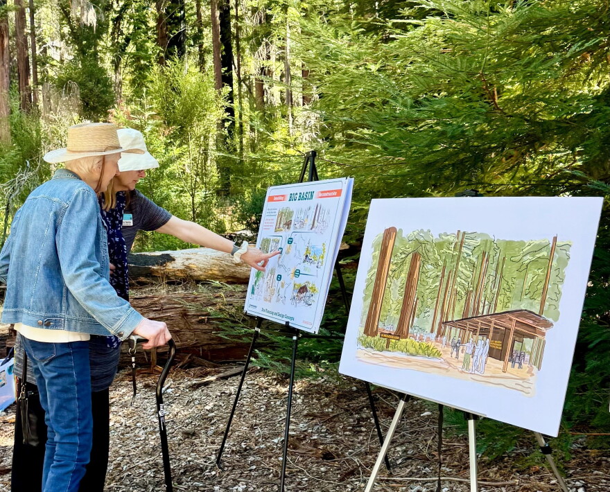 Bonny Hawley shows Barbara Reyneri a rendering of the Redwood Ecology Interpretive Center that her donation will fund.