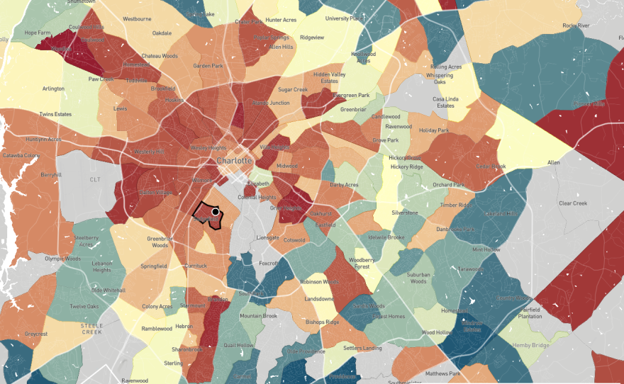 This map, a screenshot from <a href="http://www.opportunityatlas.org/">The Opportunity Atlas</a>, shows household income in 2014-2015 for African-Americans born between 1978 and 1983 to low-income parents. Sedgefield Middle School is in a part of Charlotte where blacks who grew up in low-income households tended to stay low-income.