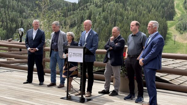 Governors Brad Little of Idaho, Mark Gordon of Wyoming, Michelle Lujan Grisham of New Mexico, Spencer Cox of Utah, Josh Green of Hawaii, Jared Polis of Colorado and Joe Lombardo of Nevada stand together during a news conference in Park City, Utah on June 30, 2026.