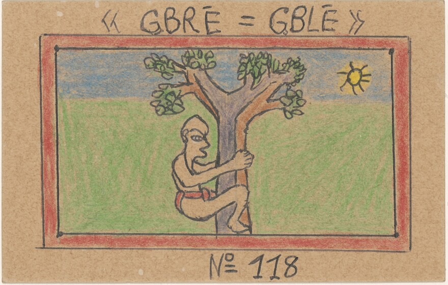 <em>"GBRÉ=GBLÉ"</em> <em>N° 118</em>, is one of 449 drawings made as part of a larger work titled <em>Alphabet Bété </em>in 1991. Each image from <em>Alphabet Bété</em> represents a character from a written language that Bouabré created for his Bété people in the late 1950s.