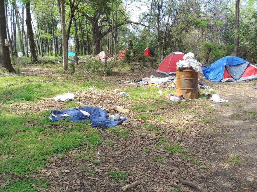 People have been camping at 12th and Poplar streets for months. This is the site in March 2020. 