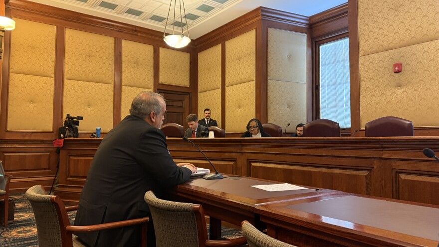 Missouri Firearm Coalition policy advisor Aaron Dor speaks in favor of Senate bill 908 to the Senate Transportation Committee. He believes it is necessary for local governments to be penalized $50,000 if they violate the proposed bill.