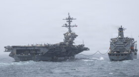 Nimitz-class aircraft carrier USS Abraham Lincoln (CVN 72), conducts a replenishment-at-sea with fleet replenishment oiler USNS Henry J. Kaiser (T-AO 187), Aug. 16, 2026. Abraham Lincoln is deployed to the U.S. 5th Fleet area of operations to support maritime security and stability in the Middle East. (U.S. Navy photo)