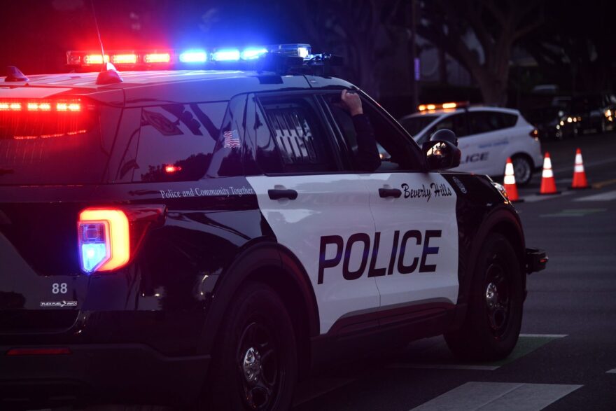 Beverly Hills police officers patrol in their car in Beverly Hills.