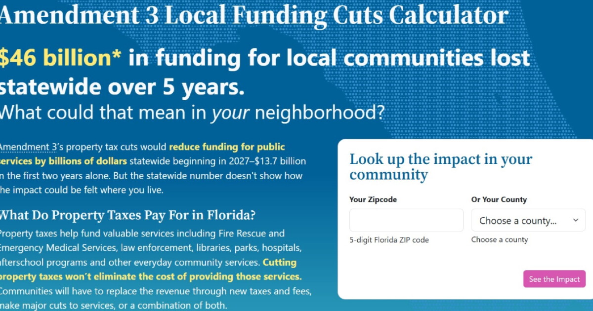 Main page of the calculator website, where users can enter their zip code or choose a county and see the impact.