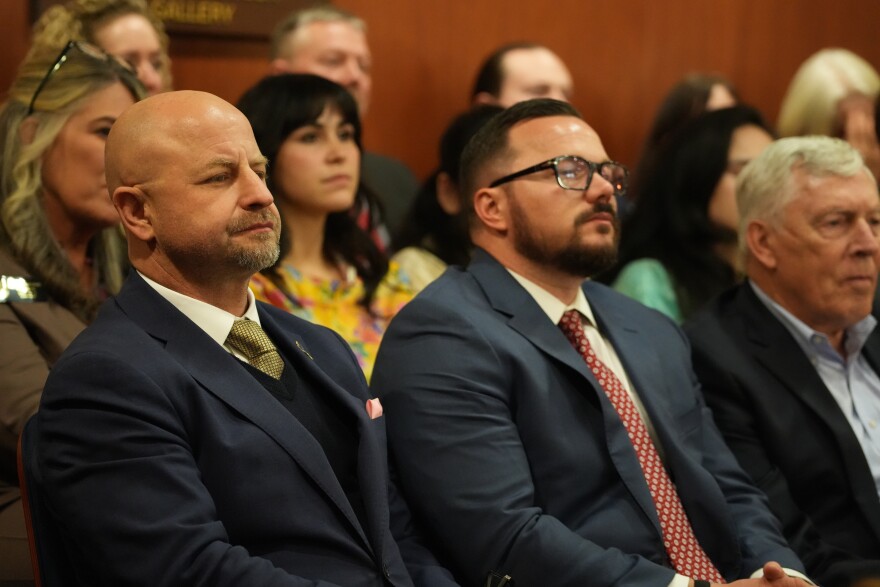 Glenfarne Group CEO Brendan Duval (left) and Alaska LNG President Adam Prestidge attend Gov. Mike Dunleavy's State of the State address on Thursday, Jan. 22, 2026 in Juneau, Alaska.