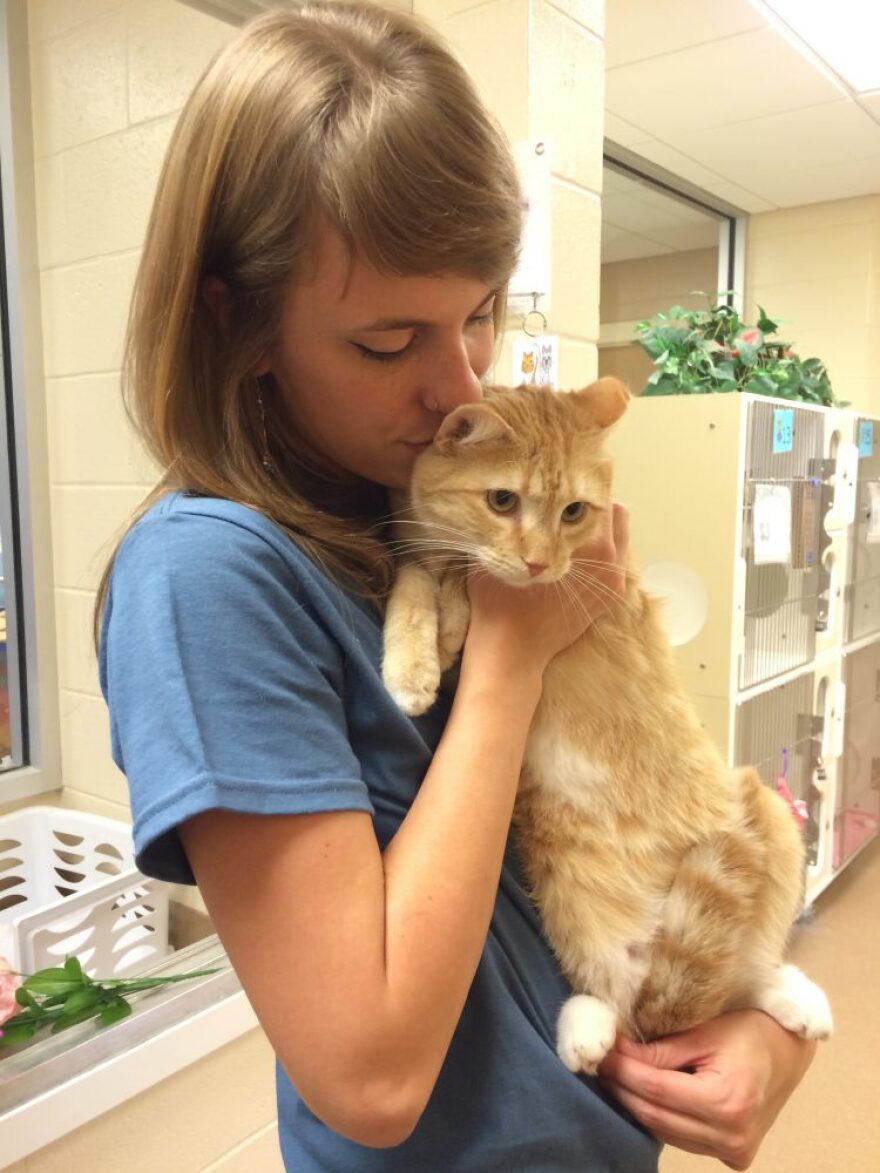 Rachel Warnes cuddles “Golden Boy” at Alachua County Animal Services. “Golden Boy” receives a great deal of socialization by volunteers at ACAS.