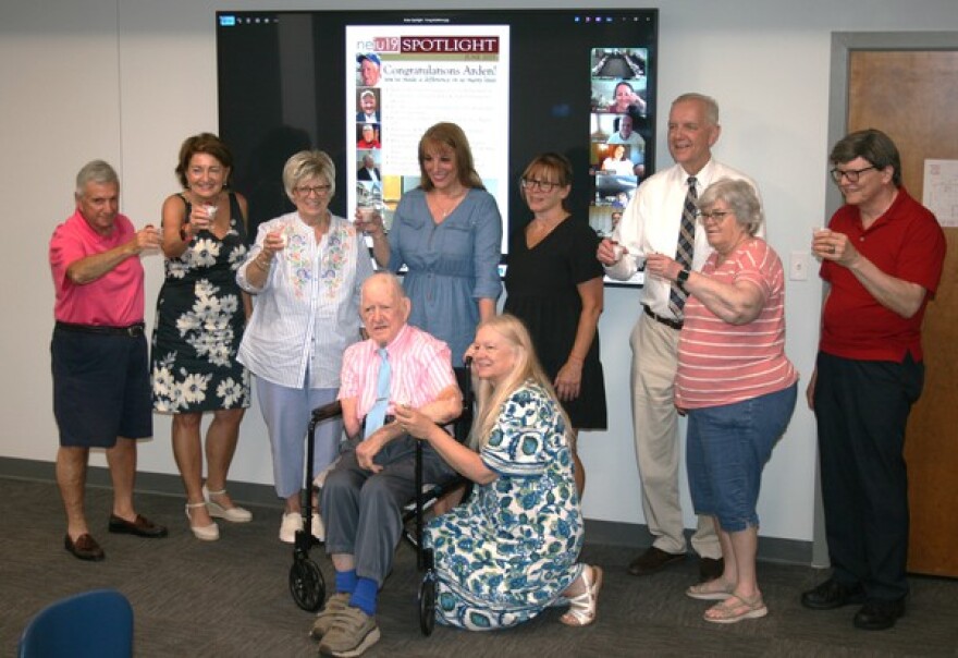 Leaders of the Northeastern Educational Intermediate Unit toasted Arden Tewksbury, Elk Lake's board representative, in June.