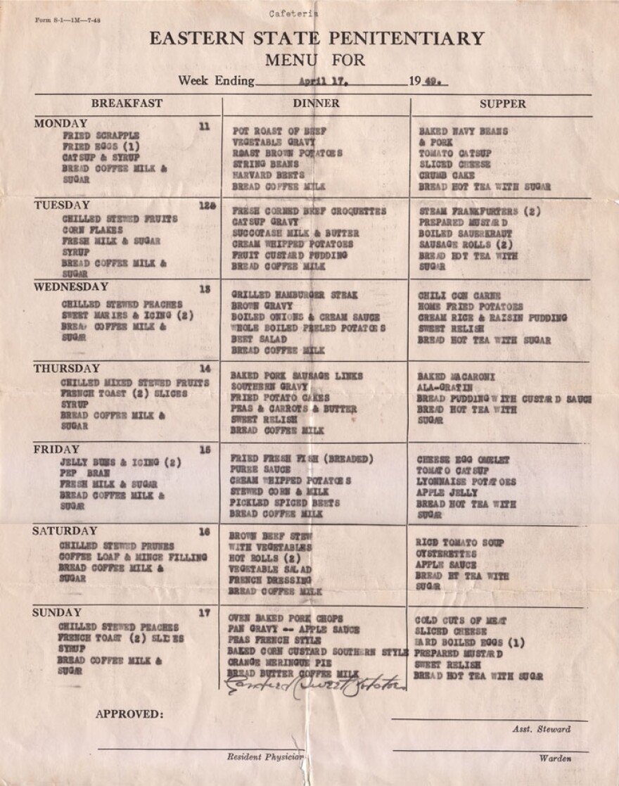 An Eastern State Penitentiary menu from 1949.