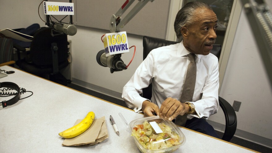 Sharpton eats his lunch, which consists of a banana, salad, and lemon tea before his radio show "Keeping It Real with Reverend Al Sharpton" in New York.