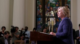 Democratic presidential nominee Hillary Clinton speaks with reporters following a National Security Working Session at the New York Historical Society Library on Sept. 9, 2016. (Justin Sullivan/Getty Images)