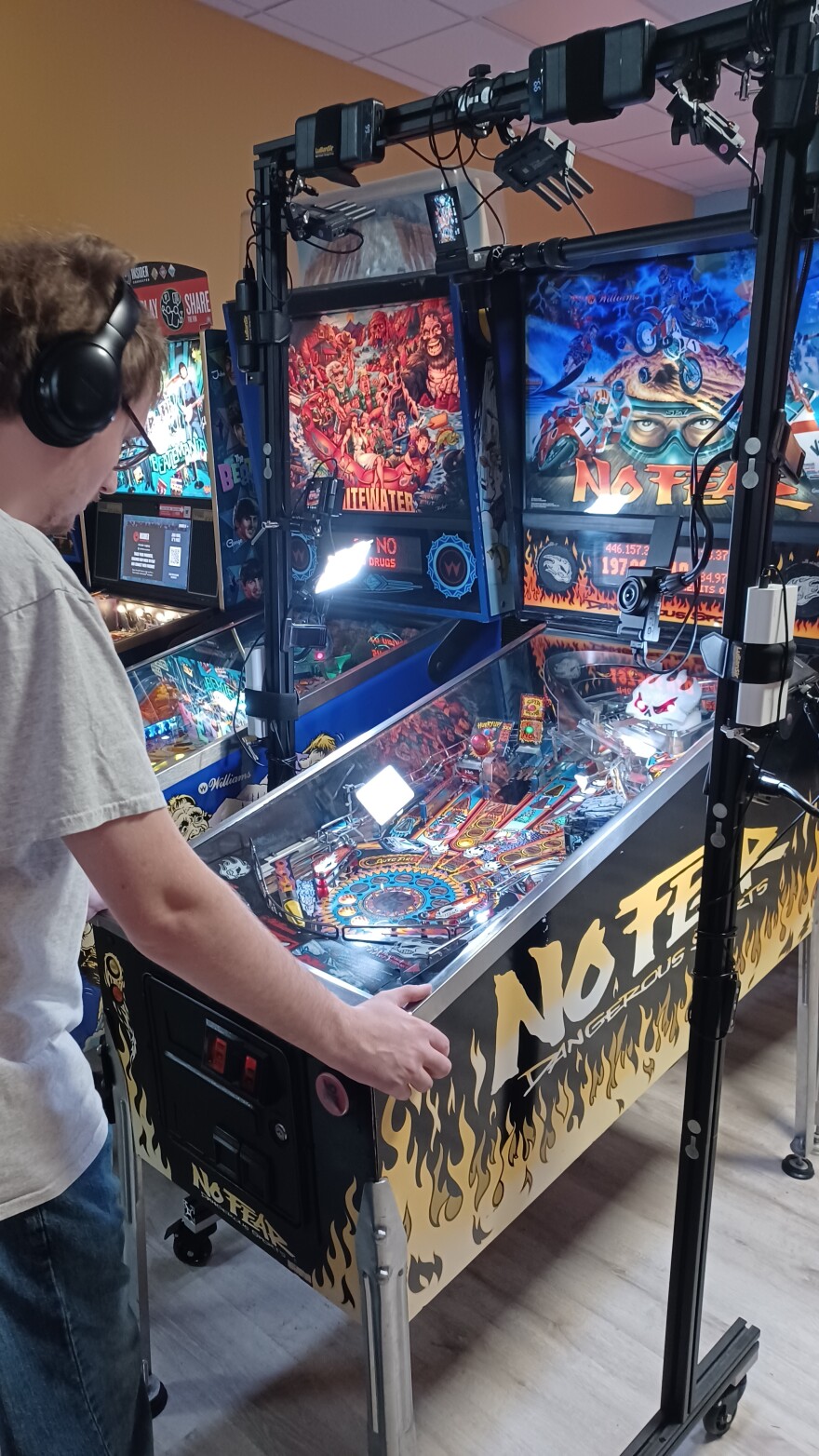 Cameras are set up to livestream the game with commentary.