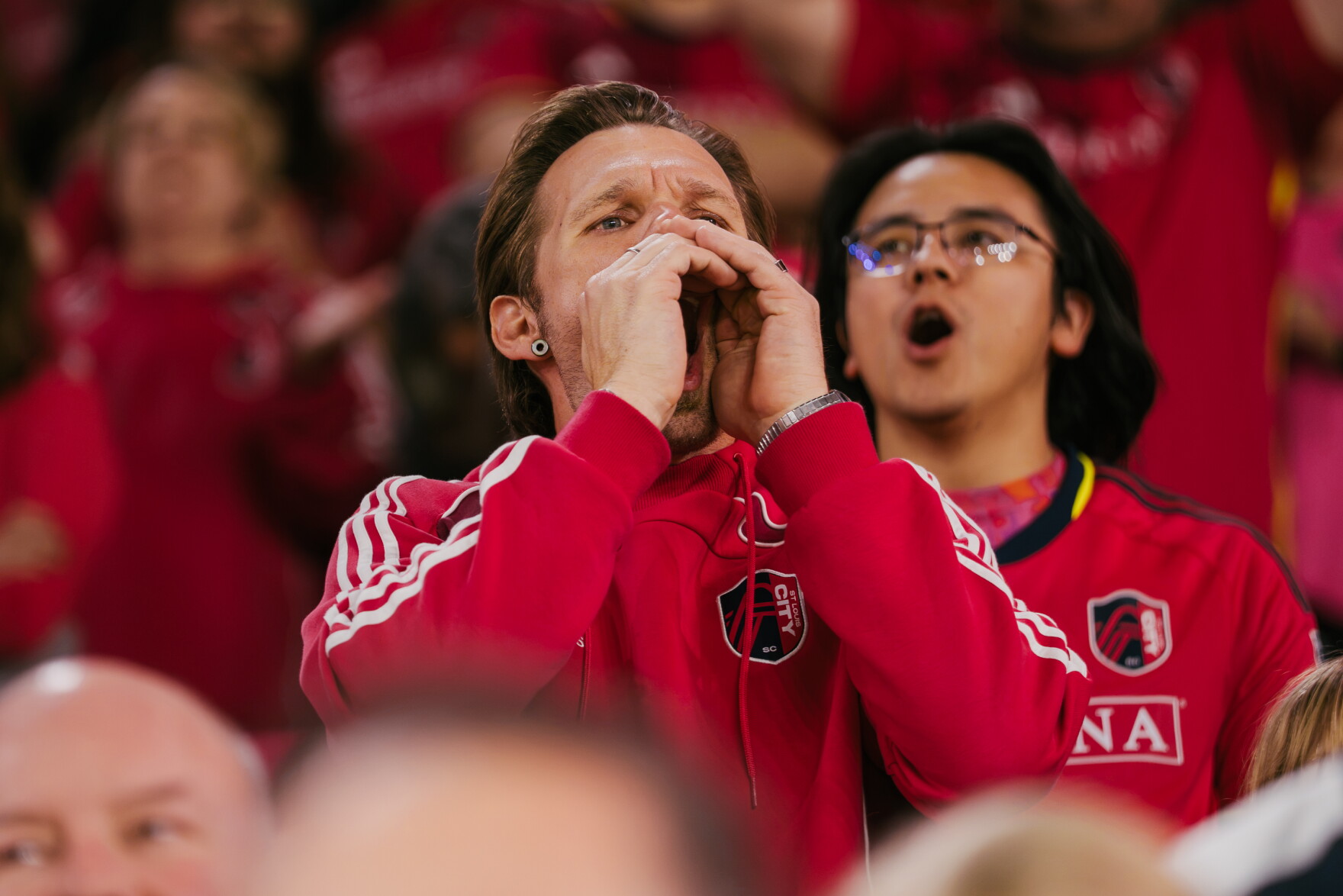 A St. Louis City SC fan boos to a play during a match against the Portland Timbers on Wednesday, Oct. 28, 2026, at Energizer Park in St. Louis’ Downtown West neighborhood.