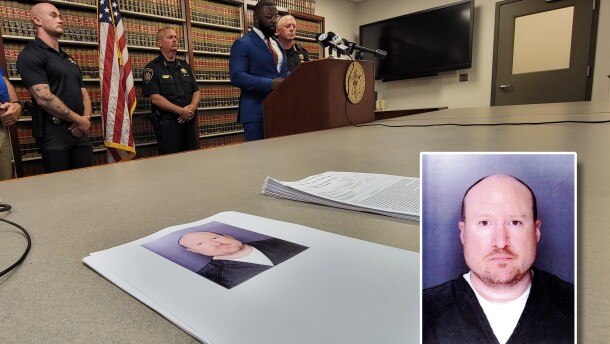 Jarrett Woodfork of the Onondaga County District Attorney's Office conducts a news conference with, at far left, Onondaga County Sheriff's Deputy Ryan Schruise and at right, Sheriff Toby Shelley concerning the arrest on child sex-related charges of Luke Underwood (mugshot in inset, provided by the District Attorney's office).