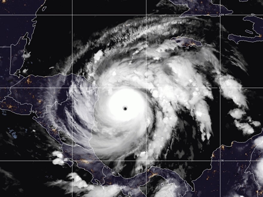 This satellite image made available by NOAA shows Hurricane Iota in the North Atlantic Ocean on Monday, at 07:11 EST.