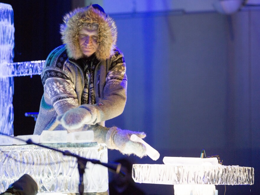 Ice musician Terje Isungset plays the ice blocks at the Kennedy Center in Washington, D.C.