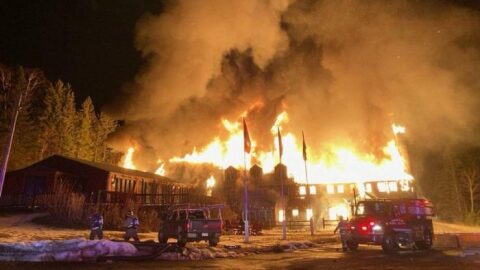 The historic Lutsen Lodge burns on Feb. 6, 2024.