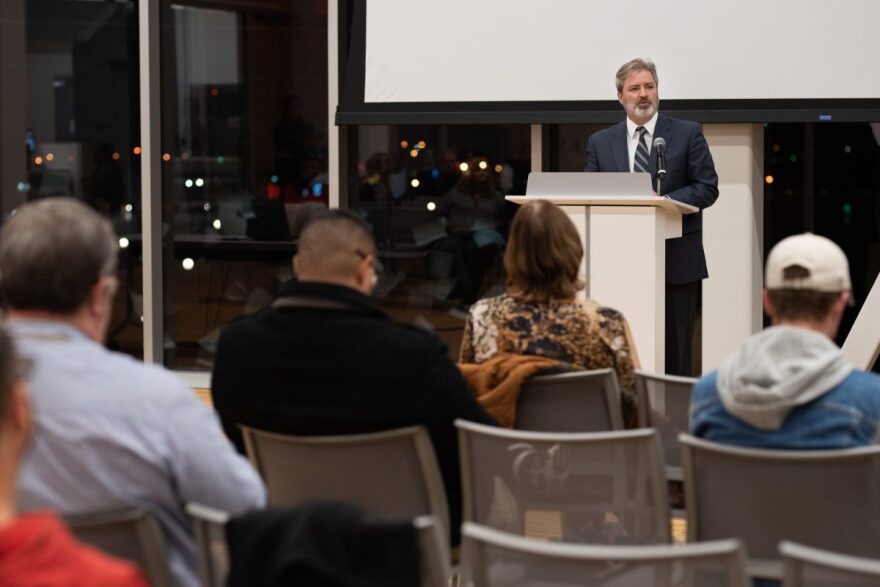 State Sen. Rob Standridge, R-Norman, spoke to a small crowd at the Norman Central Library in December about why he filed legislation to strengthen domestic violence penalties.