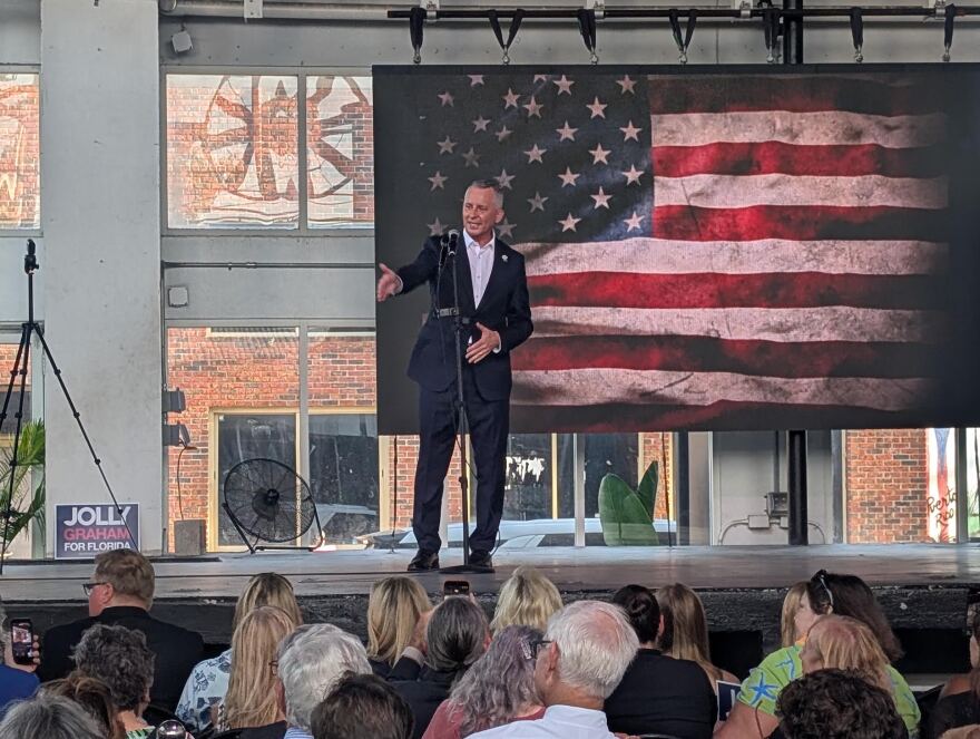 Florida Democratic gubernatorial candidate David Jolly speaking in Ybor City in Tampa on Aug. 17, 2026.