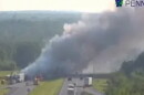 This screenshot from a PennDOT camera feed, reposted by the Department of Homeland Security, shows the aftermath of the July 1, 2026 crash that killed Pennsylvania State Trooper Michael Pahira Jr. on Interstate 81 in Schuylkill County.