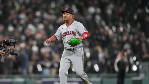 Cleveland Guardians' Jose Ramirez celebrates after winning Game 4 of baseball's American League Division Series against the Chicago White Sox, Thursday, Oct. 8, 2026, in Chicago. 