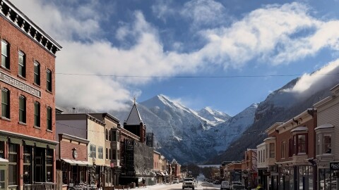 The town of Telluride is seen after a December 2025 storm.
