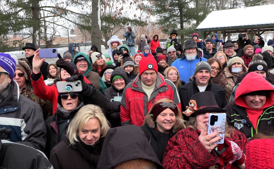 An estimated 400 people were at Station Park in Jessup Sunday morning for the inaugural Groundhog Day event.