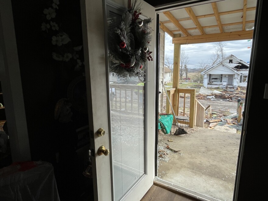 Looking out the doorway of Barbara Patterson’s home on Dec. 11, 2021 a holiday wreath still hanging on the doorway.