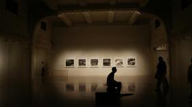 man shadowed out, sitting in a museum